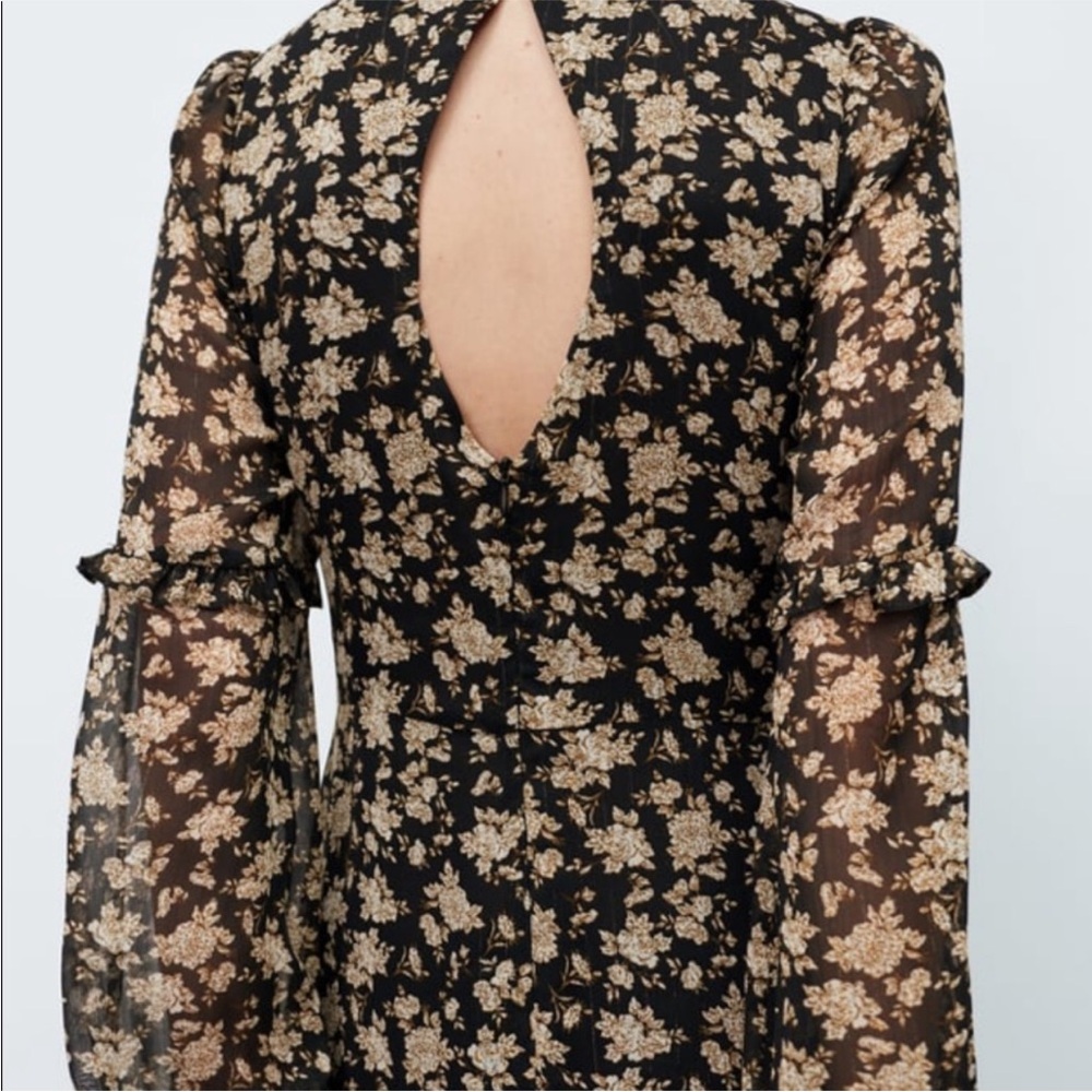 NEW! ZARA New Woman Midi Dress Floral Ruffled Lined Black Cream Size Medium - Picture 8 of 11